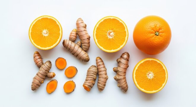 Whole and sliced citrus fruits accompany turmeric rhizomes arranged on a plain light surface
