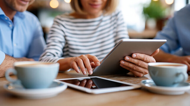 Two unrecognizable people sharing a tablet screen at a caf&eacute; table, collaborative digital work concept, faceless, defocused caf&eacute; background, with copy space