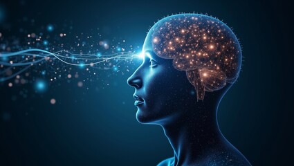 Obraz premium Digital illustration of a human profile with a glowing brain, cosmic particles emanating from the forehead, representing thoughts, ideas, and consciousness in a futuristic setting