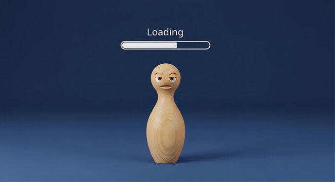 Slow loading speed and patience concept with progress bar icon above waiting wooden peg doll with copy space for website performance landing page
