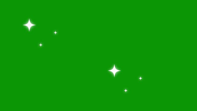 Twinkling sparkle stars animation, glowing white cartoon light effects, magical festive bursts, doodle style shine overlay, blinking star, seamless chroma key green screen, ultra hd 4k.