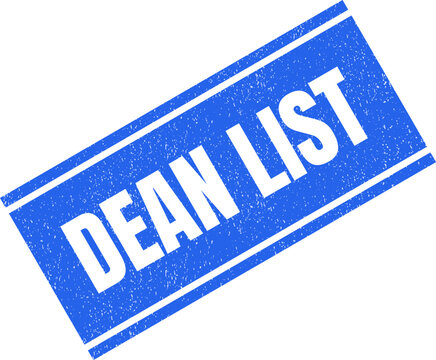 Blue rectangular stamp showing the words Dean List in bold white letters with texture effect