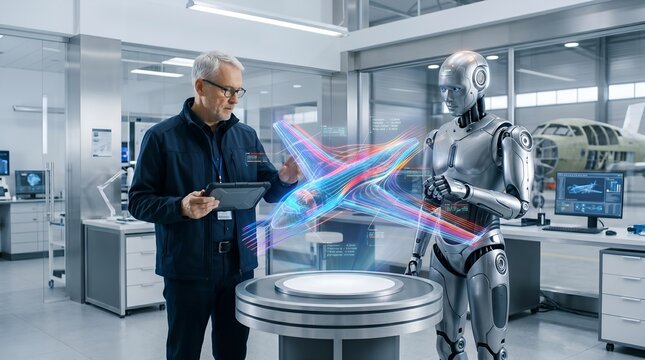 Aerospace R&D: Senior Engineer and AI Humanoid Robot Collaborating on Futuristic Aircraft Wing Aerodynamic Design