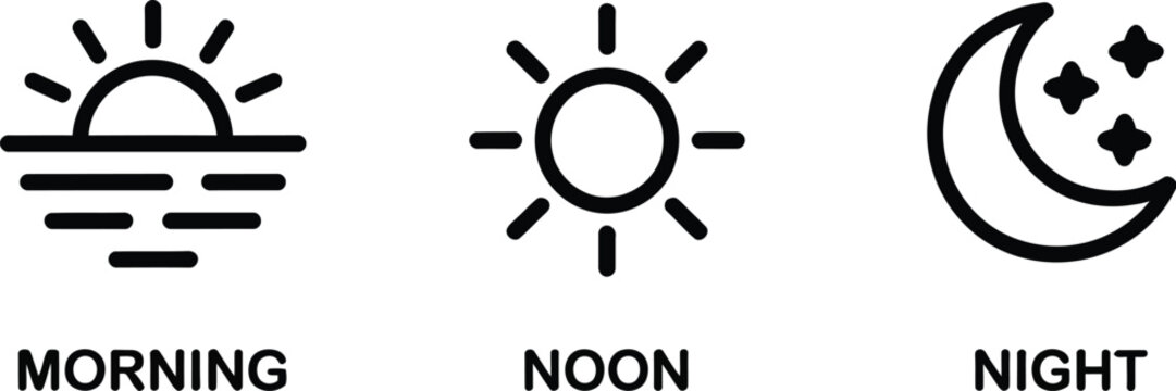 Time, of day icons vector set, sunrise daylight and starry moon symbols for lifestyle planning and forecast interface graphics.