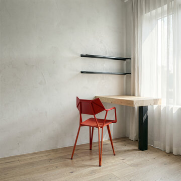 Modern minimalist workspace with red chair, wooden desk, and sheer curtains near window.