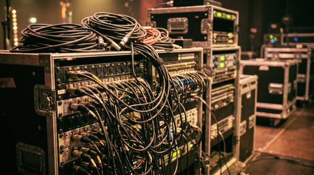 Professional audio rack with XLR cables connected to a sound system patch bay in a flight case for a live music performance or studio recording session