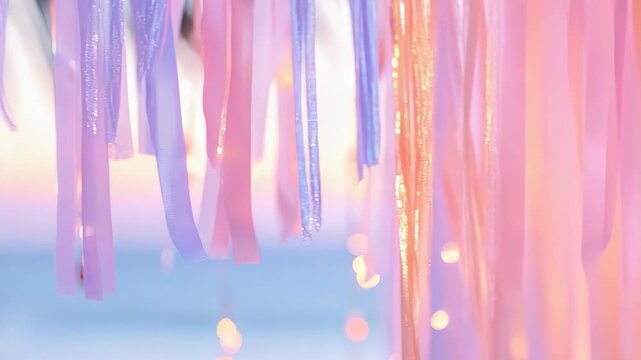 Ribbons in shades of pink and purple hang and sway. The sun sets over the beach creating a bright backdrop. People gather to enjoy the celebration as lights twinkle around them