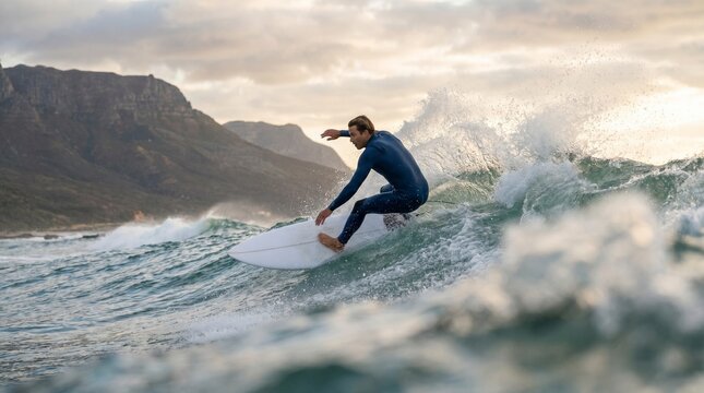 A surfer in a blue wetsuit rides a white surfboard on a wave with a mountainous coastline in the background.