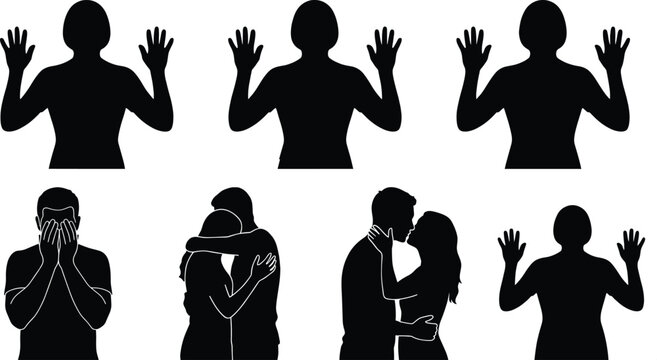 Set of people silhouettes showing different emotions hands up surrender sad face crying hugging and romantic couple kissing