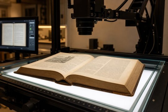 Professional book scanner digitizing an old book in a library archive with high-resolution camera equipment and a digital monitor for preservation of historical documents