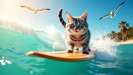Obraz premium Tabby cat surfing on a wooden surfboard in turquoise ocean water with seagulls flying above and palm trees lining the beach in the background