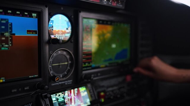 Pilot operating gps navigation system in airplane cockpit
