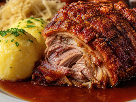 Fr&auml;nkisches Sch&auml;ufele mit Klo&szlig; und Bratenso&szlig;e
Nahaufnahme von knusprigem fr&auml;nkischem Sch&auml;ufele mit Kartoffelklo&szlig; und dunkler So&szlig;e, traditionelles deutsches Fleischgericht.
