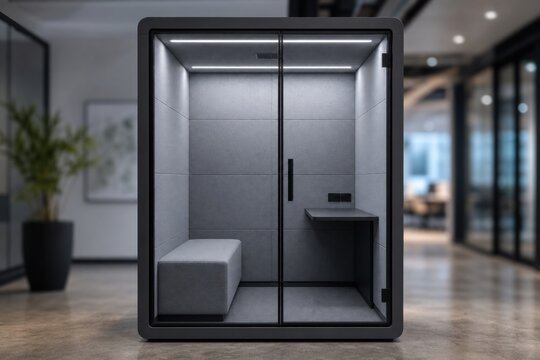 Modern soundproof office phone booth meeting pod with glass door, acoustic panels, built-in bench, and desk for private calls and focused work in a contemporary workspace