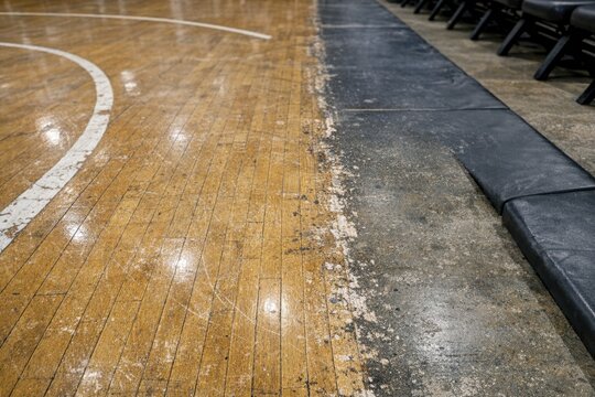 A quiet basketball court with black seats and a wooden floor, perfect for a peaceful practice session or a sports-themed event