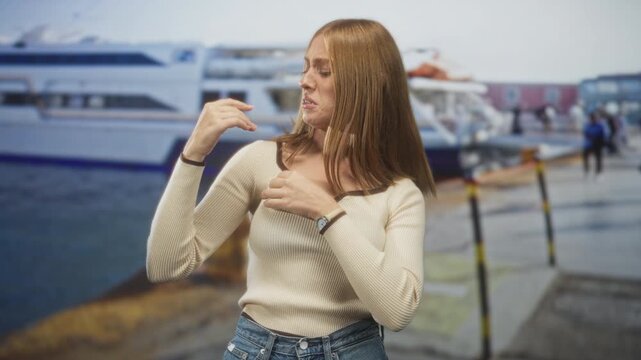 Woman with hand covering mouth and loose red hair gestures on a pier beside a ferry boat, wearing a cream sweater and jeans with a wristwatch visible; awkward amusement.