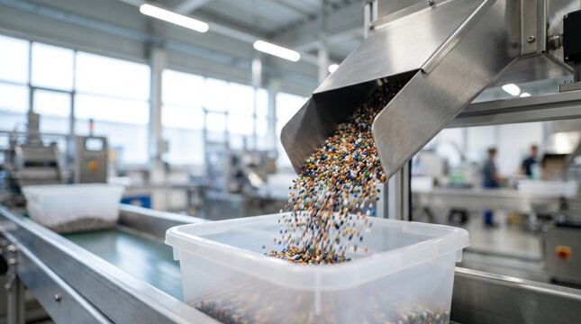 Colorful plastic pellets falling from a metal chute into a container on a conveyor belt in a modern industrial manufacturing facility for recycling and production