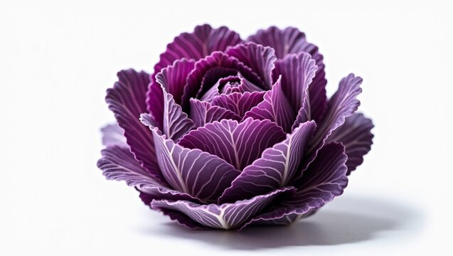 Purple ornamental cabbage with intricate leaf patterns displayed on a white background, showcasing its vibrant color and unique floral structure