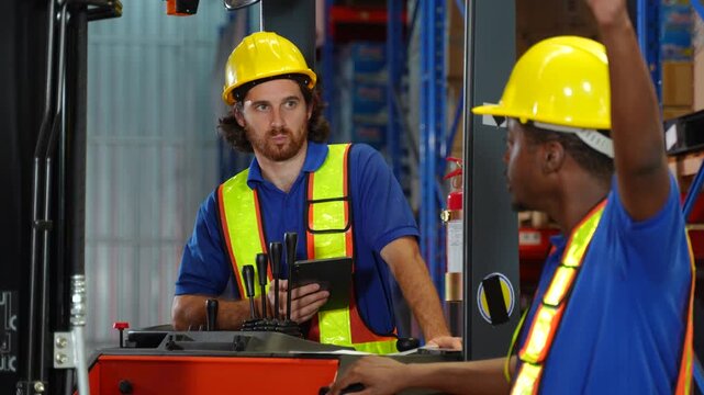 Quality control, discussion and people in warehouse with tablet, coordination and distribution. Logistics, manager and checklist in storage facility with delivery, export or shipping in supply chain
