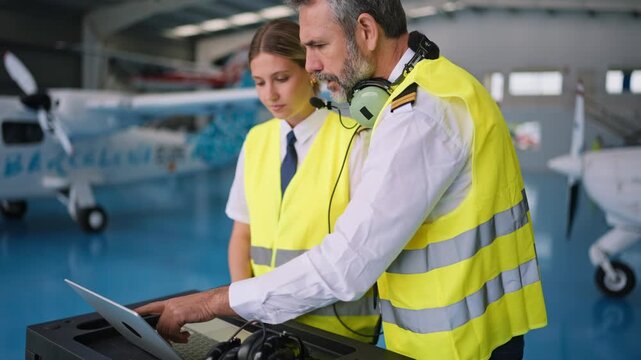 Experienced pilot training young female co pilot in hangar
