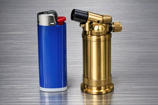 A lighter sitting next to another lighter on a table, great for use in still life compositions or as a prop in various settings