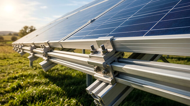Solar panels mounted on metal frames in open field with blurred green grassy meadow.