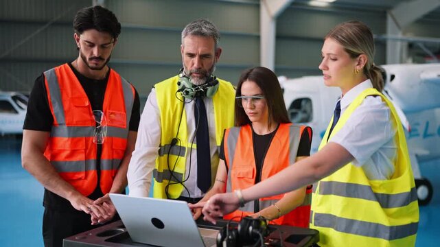 Aviation team collaborating on a laptop in an aircraft hangar