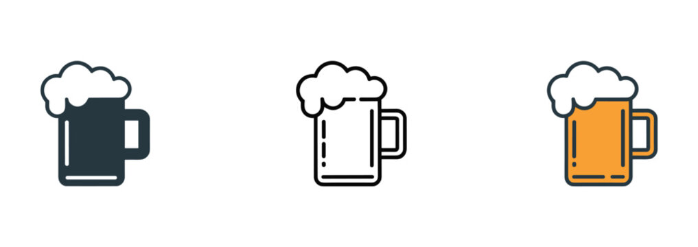 Beer Mug Icon Set. A collection of three stylized beer mugs with frothy heads. pub drink, beverage icon, alcohol symbol, bar essential, celebration refreshment.