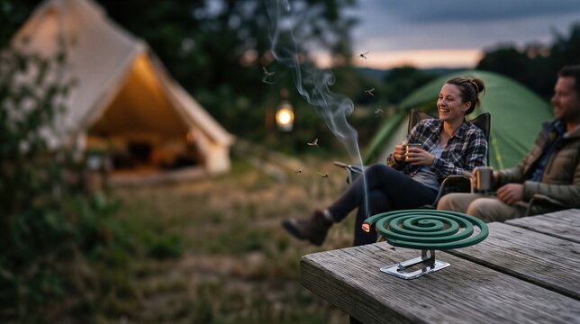 Woman and man camping outdoors using mosquito coil repellent. Burning incense spiral keeps insects away at night. Relaxing nature vacation with fire smoke protection from bug bite.