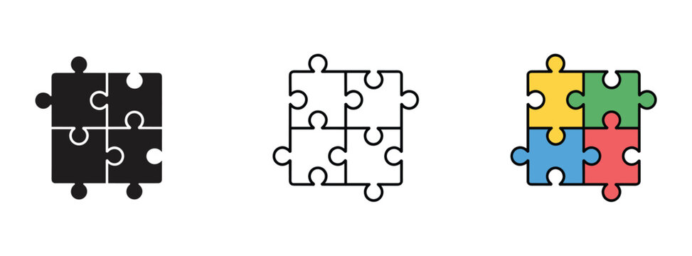 Puzzle Pieces. A set of four interlocking puzzle pieces, representing connection and problem-solving. teamwork concept, strategy game, connection symbol, logic problem, matching piece.