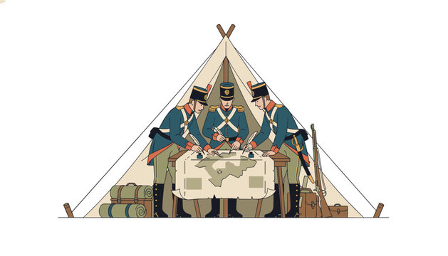 Three military officers in uniform gather inside a canvas tent to study a strategic map spread across a wooden table with focused intent.
