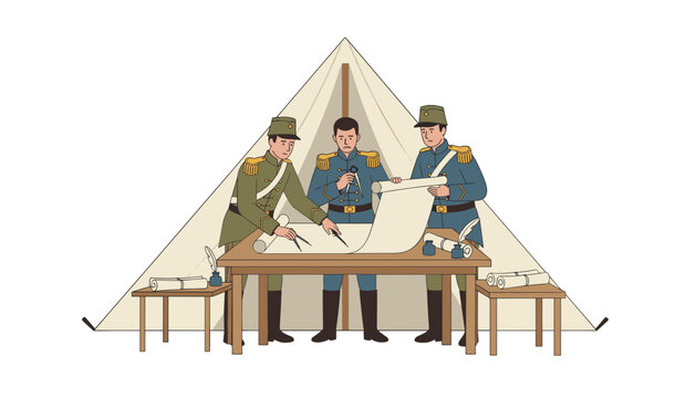 Three military officers in uniform use precision compasses to analyze a large rolled map spread across a sturdy wooden table with focus.