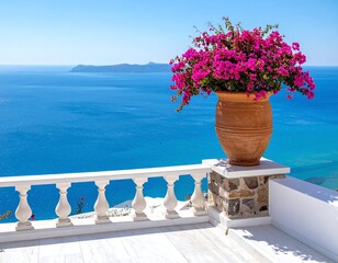 Obraz premium Vibrant pink bougainvillea flowers in a terracotta urn on a classic Greek balcony overlooking the stunning blue Aegean Sea. Perfect for luxury travel and Mediterranean lifestyle.