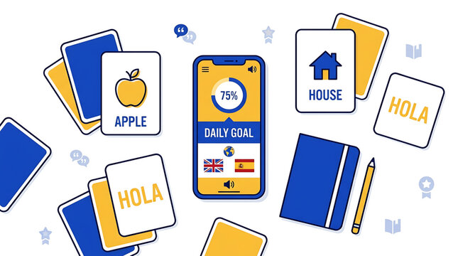 A colorful vector graphic illustrating a language learning app on a smartphone surrounded by flashcards and study materials