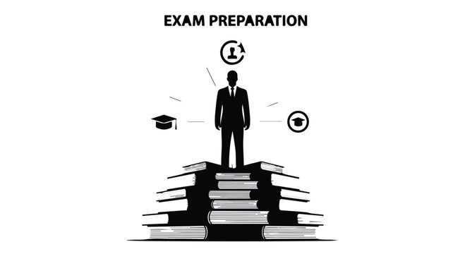 Man standing on stack of books preparing for exam