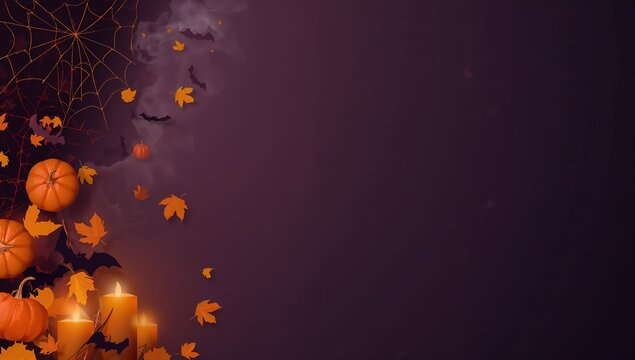 Fondo morado de Halloween con hojas oto&ntilde;ales, calabazas decorativas y amplio espacio para texto