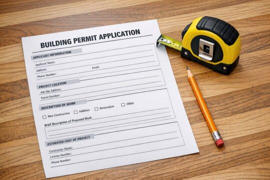 Application form for a building permit with a pencil and tape measure