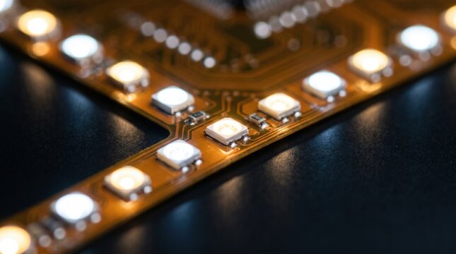 Glowing SMD LED strip on circuit board featuring warm and cool light diodes with intricate copper traces for advanced electronic lighting technology and hardware engineering