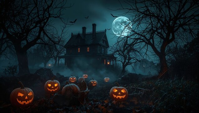 Mansi&oacute;n embrujada en la distancia con luna azul, bosque oscuro, calabazas y ambiente de terror nocturno