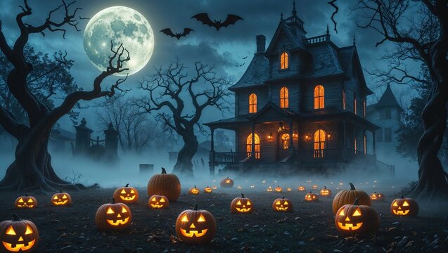 Casa encantada con luna llena, calabazas encendidas, &aacute;rboles oscuros y niebla en paisaje de Halloween