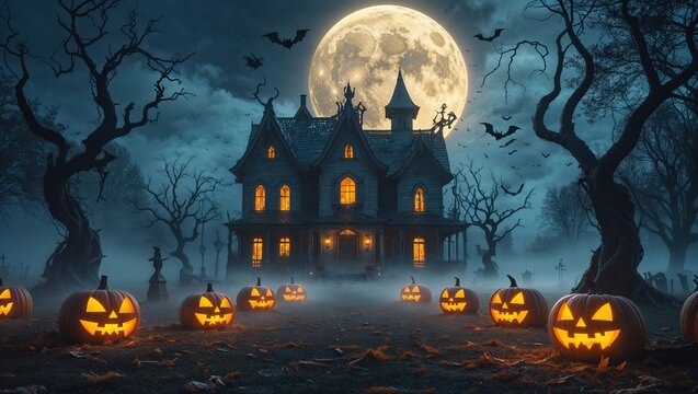 Gran mansi&oacute;n encantada de Halloween con luna llena brillante, calabazas iluminadas y niebla fantasmal