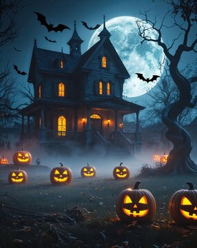 Mansi&oacute;n embrujada con murci&eacute;lagos, calabazas encendidas, luna llena y niebla nocturna de Halloween