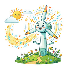Fototapeta premium Happy wind turbine character generating green energy with renewable character environment