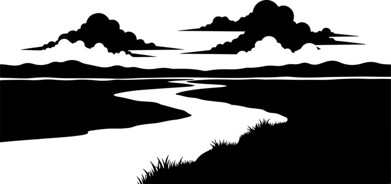 Black landscape silhouette, winding river, grassy field, cloudy sky vector