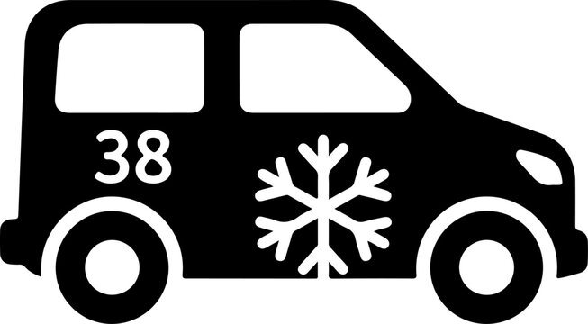 Black van icon, snowflake design, winter vehicle graphic, 38 number plate