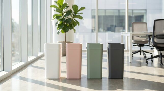 Four modern plastic trash bins in colors standing in a bright office interior with large windows and office furniture for waste management and recycling organization