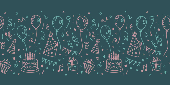 Seamless birthday party border with festive elements Keywords: birthday, party, celebration