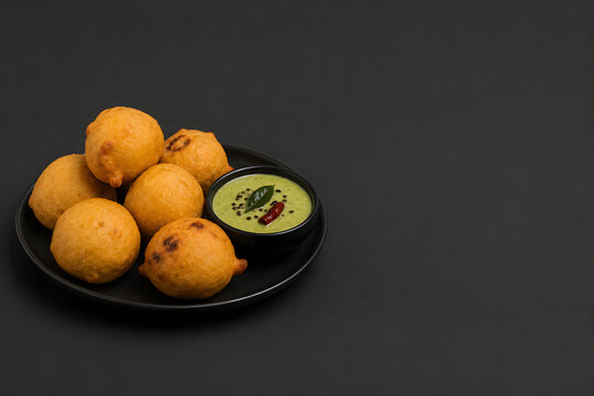 South Indian Aloo Bonda or Mysore Bonda with coconut chutney on black plate, top view copy space
