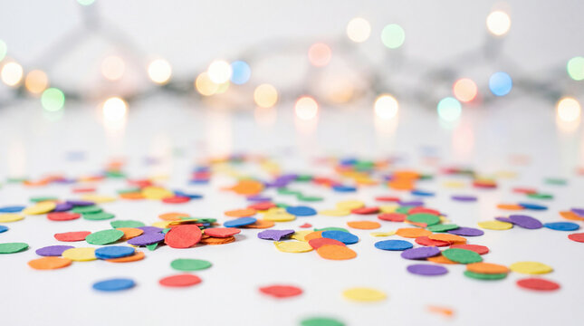 Colorful confetti scattered on white surface with blurred festive lights in background creating joyful and celebratory atmosphere