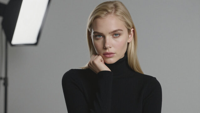 Portr&auml;t einer jungen blonden Frau im Rollkragenpullover im Studio vor grauem Hintergrund